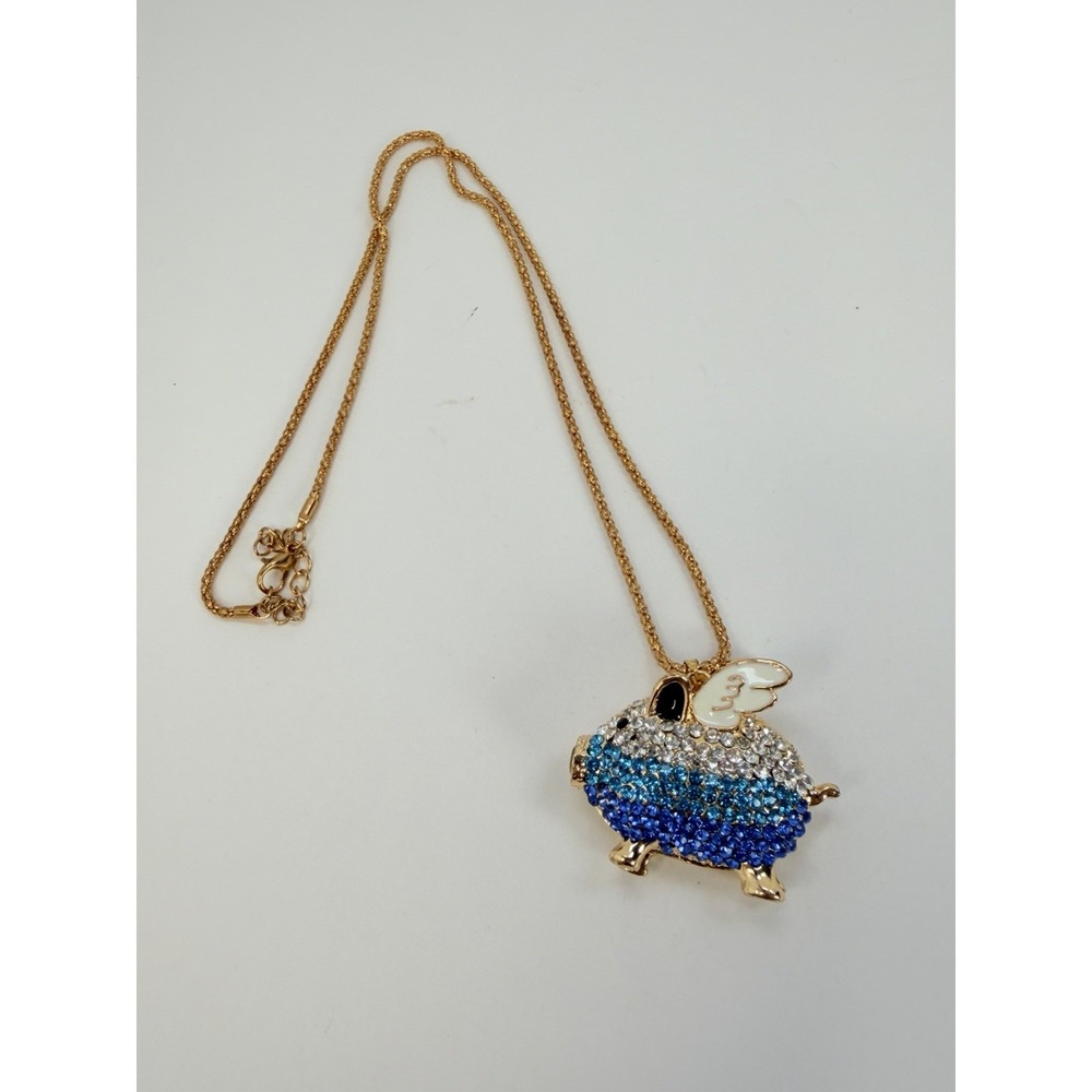 Flying Pig Rhinestone Pendant Necklace Gold Tone Mythical Cute Fantasy .
